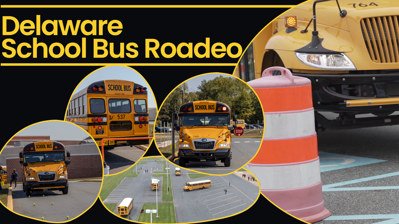de-rodeo-banner.png School buses drive in a parking lot, navigating large parking spaces and road cones.